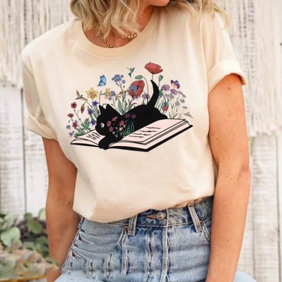 Olin D Tops - Floral Cat Shirt, Cat Lover T-shirt, Cat Book Shirt, Cat Lover Gift 91